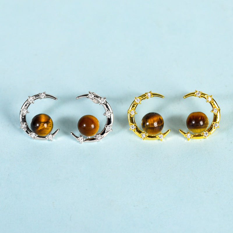 Crystal Sphere Semicircle Eardrop Earrings GEMROCKY-Jewelry-Tiger Eye Stone-Silver Color-