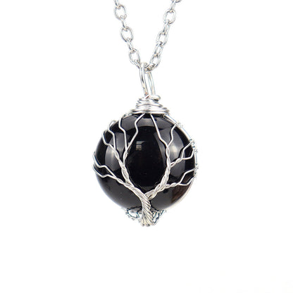 Crystal Sphere Silver Life Tree Net Pendant Necklaces GEMROCKY-Jewelry-Black Obsidian-