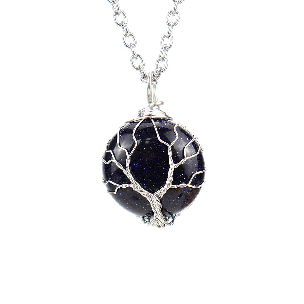 Crystal Sphere Silver Life Tree Net Pendant Necklaces GEMROCKY-Jewelry-Blue Sandstone-