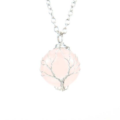 Crystal Sphere Silver Life Tree Net Pendant Necklaces GEMROCKY-Jewelry-Rose Quartz-