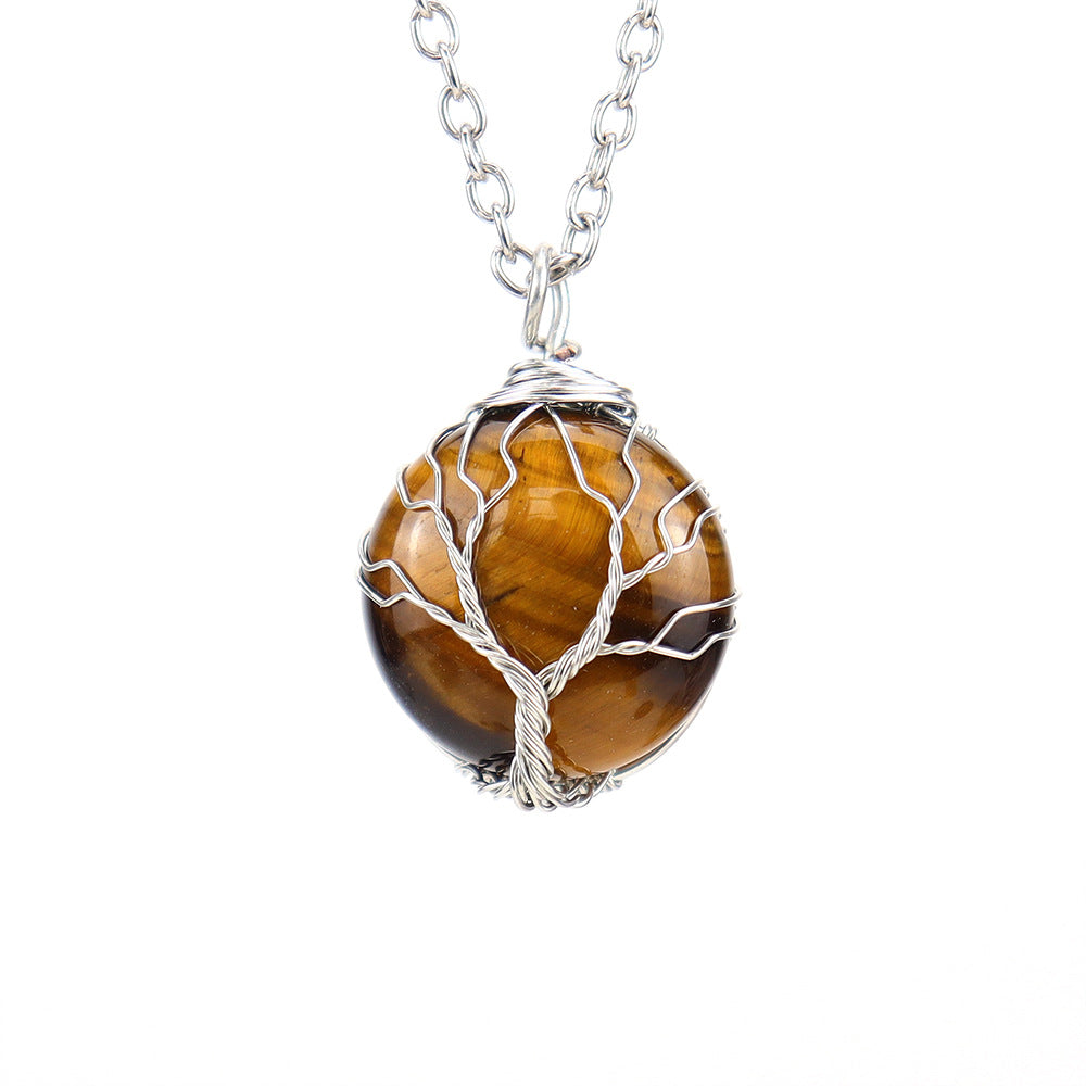 Crystal Sphere Silver Life Tree Net Pendant Necklaces GEMROCKY-Jewelry-Tiger Eye Stone-