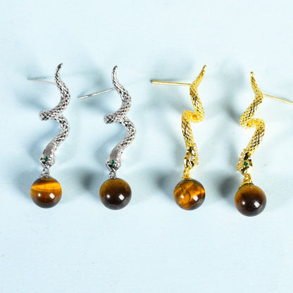 Crystal Sphere Snake Eardrop Earrings GEMROCKY-Jewelry-Tiger Eye Stone-Silver Color-