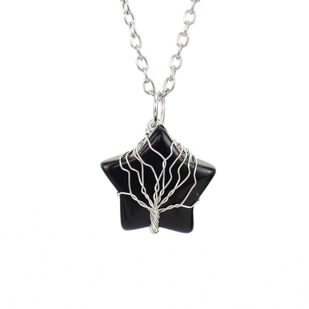 Crystal Star Silver Life Tree Net Pendant Necklaces GEMROCKY-Jewelry-Black Obsidian-