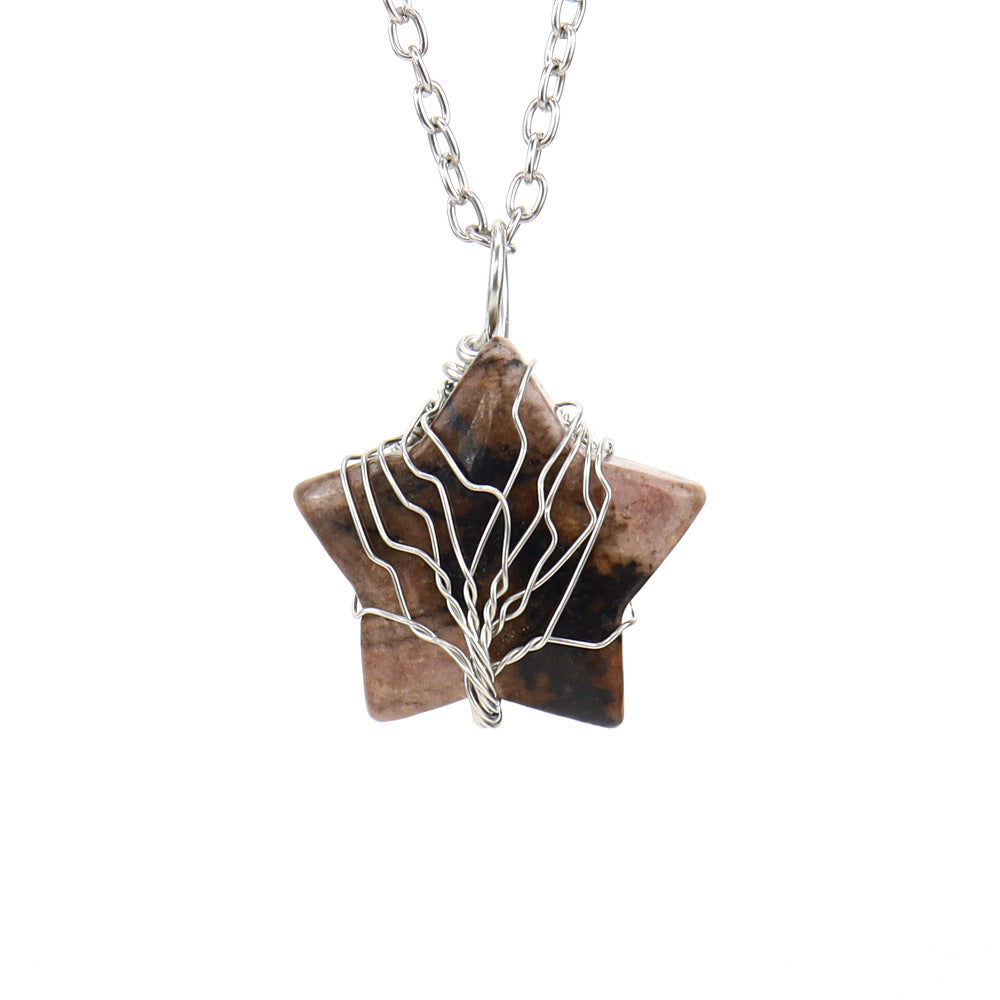 Crystal Star Silver Life Tree Net Pendant Necklaces GEMROCKY-Jewelry-Rhodonite-