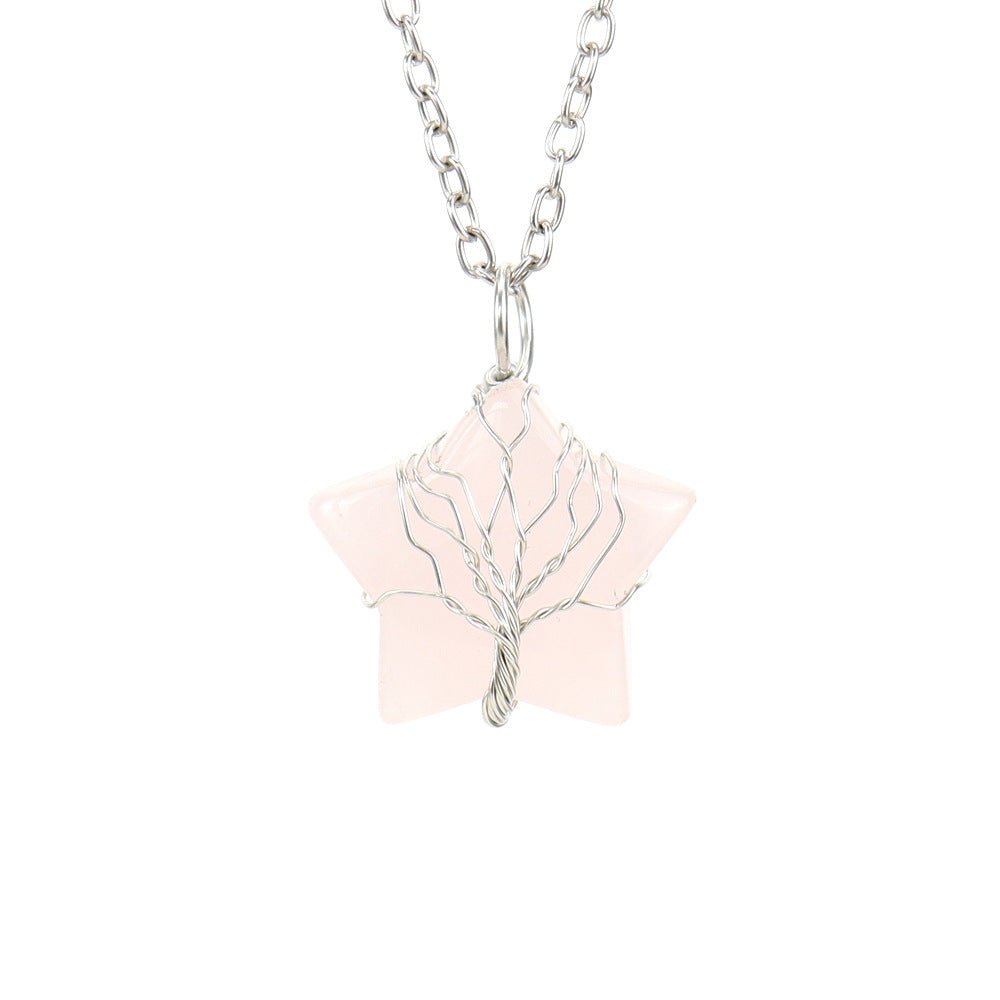 Crystal Star Silver Life Tree Net Pendant Necklaces GEMROCKY-Jewelry-Rose Quartz-