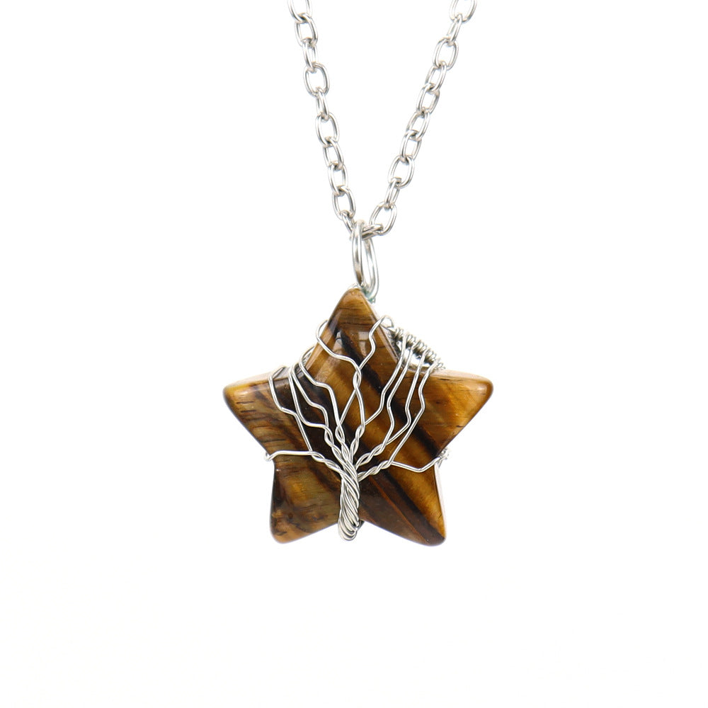 Crystal Star Silver Life Tree Net Pendant Necklaces GEMROCKY-Jewelry-Tiger Eye Stone-