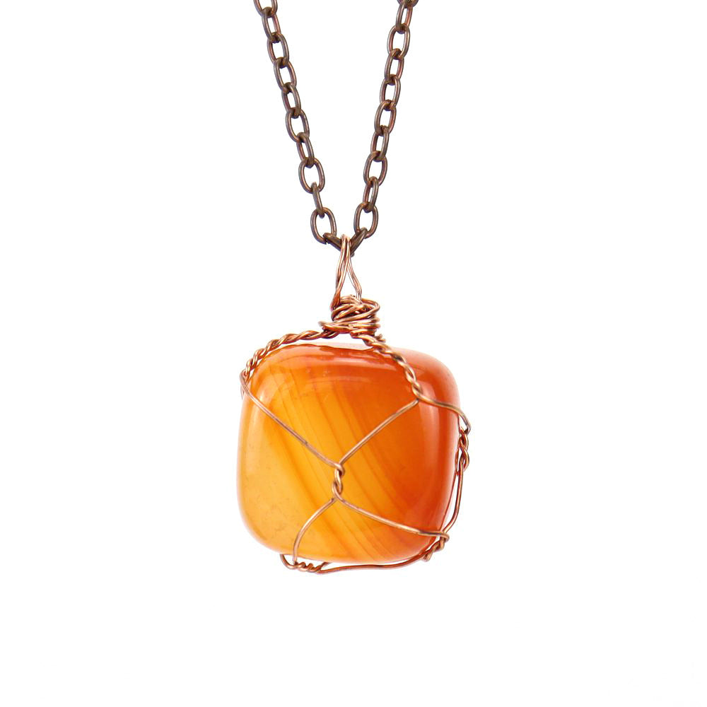 Crystal Tumbled Stones Bronze Net Pendant Necklaces GEMROCKY-Jewelry-Red Agate-