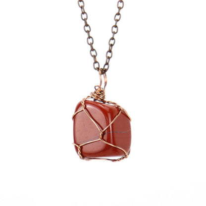 Crystal Tumbled Stones Bronze Net Pendant Necklaces GEMROCKY-Jewelry-Red Jasper-