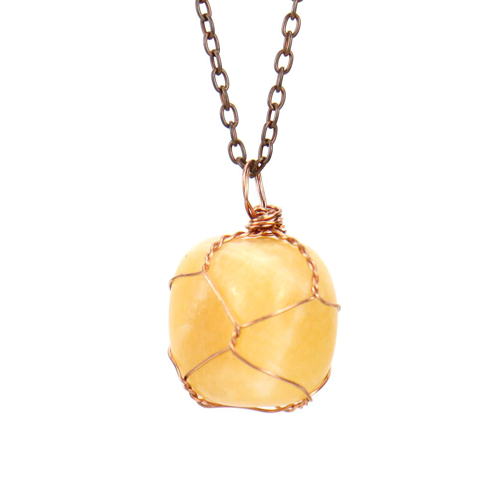 Crystal Tumbled Stones Bronze Net Pendant Necklaces GEMROCKY-Jewelry-Yellow Jade-