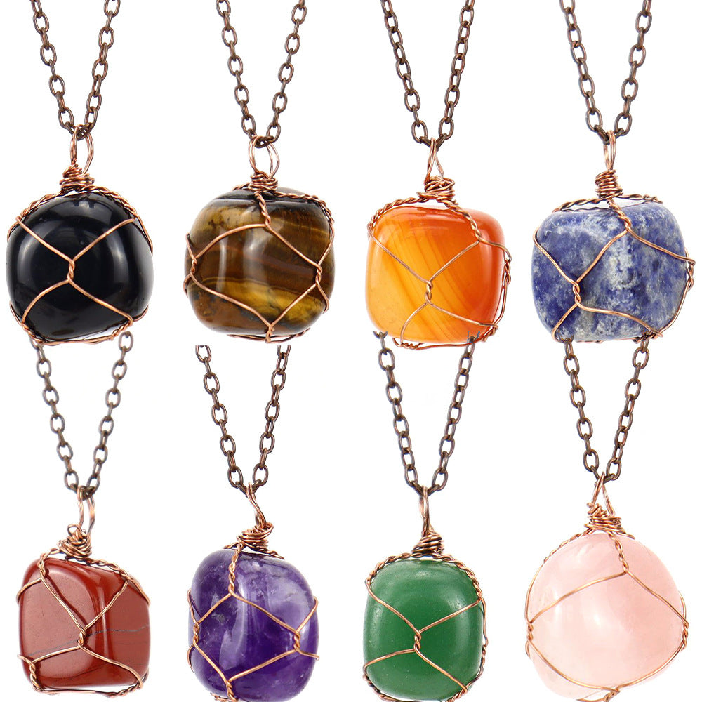 Crystal Tumbled Stones Bronze Net Pendant Necklaces GEMROCKY-Jewelry-