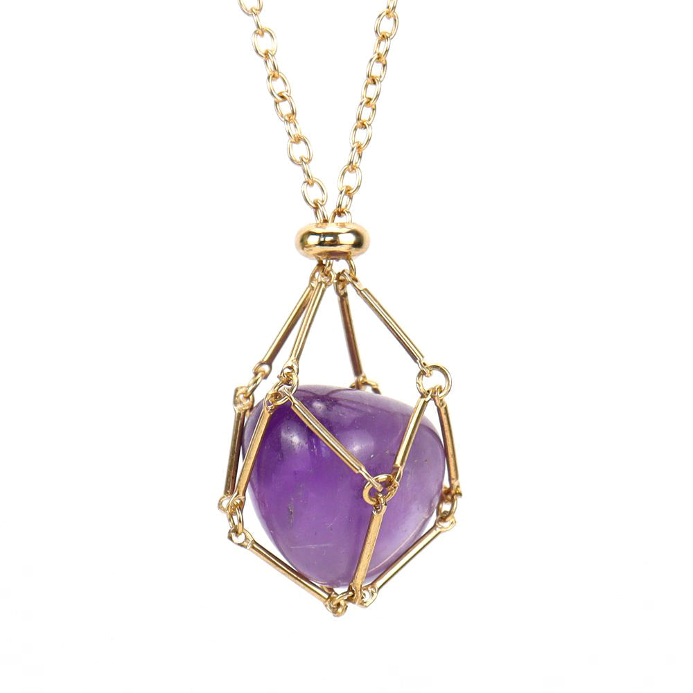 Crystal Tumbled Stones Golden Net Pendant Necklaces GEMROCKY-Jewelry-Amethyst-