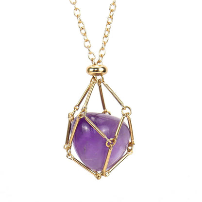 Crystal Tumbled Stones Golden Net Pendant Necklaces GEMROCKY-Jewelry-Amethyst-