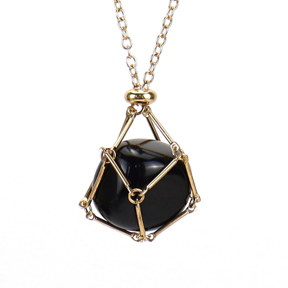 Crystal Tumbled Stones Golden Net Pendant Necklaces GEMROCKY-Jewelry-Black Obsidian-