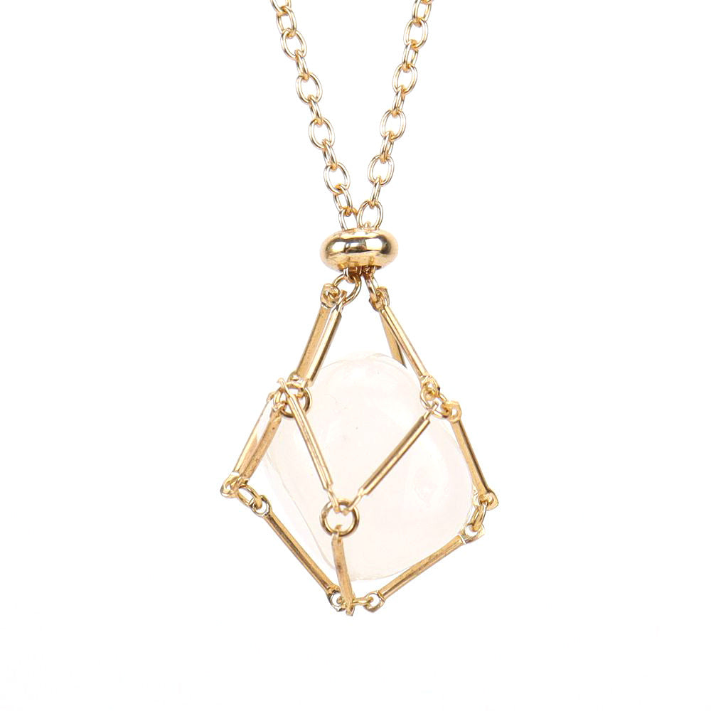 Crystal Tumbled Stones Golden Net Pendant Necklaces GEMROCKY-Jewelry-Clear Quartz-