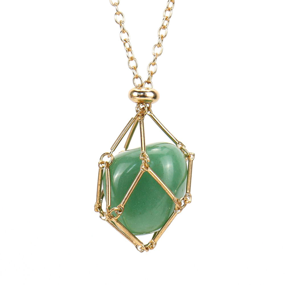 Crystal Tumbled Stones Golden Net Pendant Necklaces GEMROCKY-Jewelry-Green Aventurine-