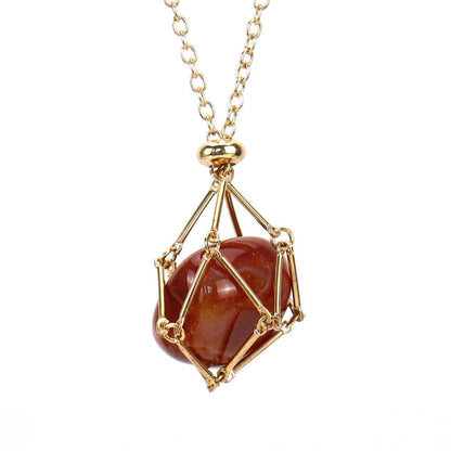 Crystal Tumbled Stones Golden Net Pendant Necklaces GEMROCKY-Jewelry-Red Agate-