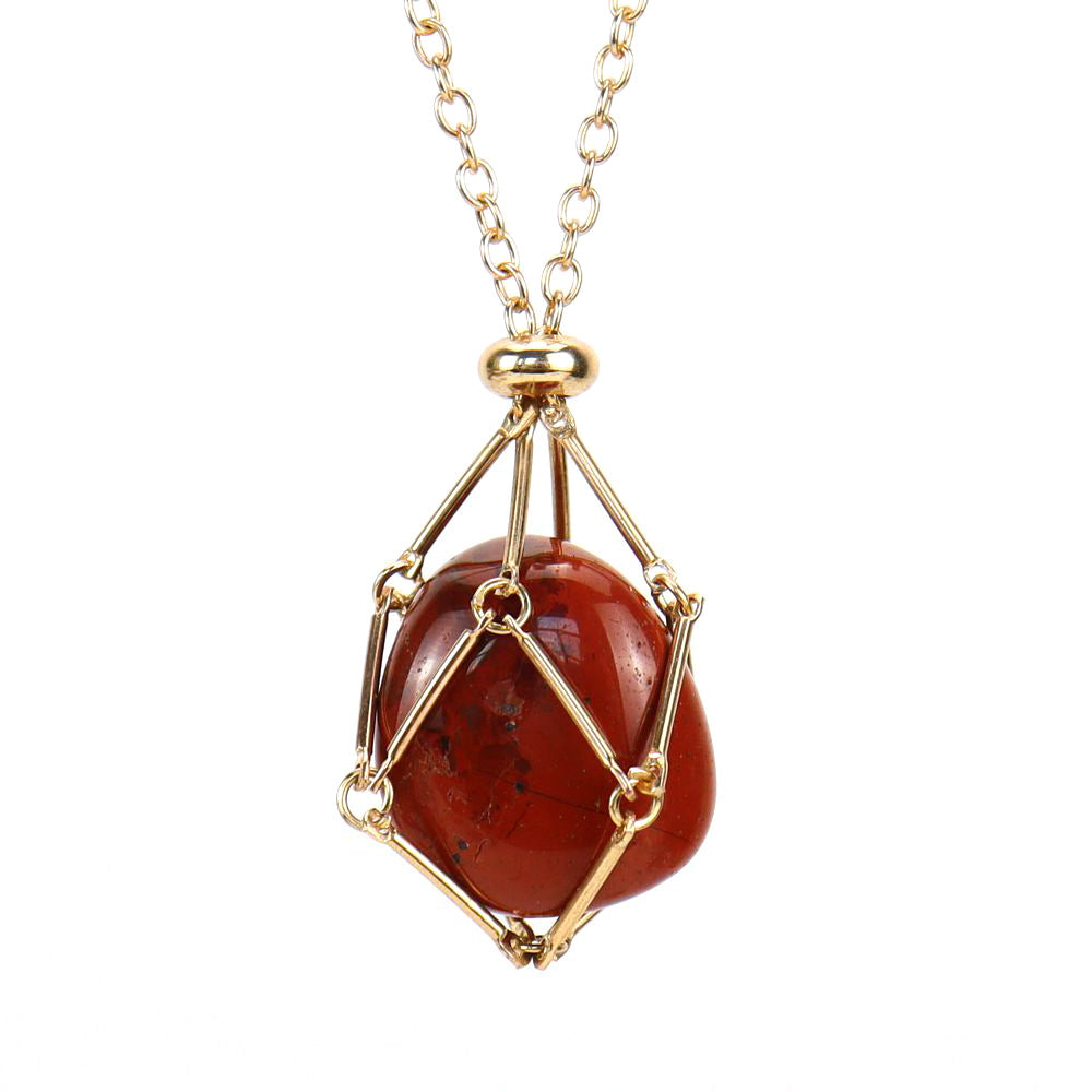 Crystal Tumbled Stones Golden Net Pendant Necklaces GEMROCKY-Jewelry-Red Jasper-