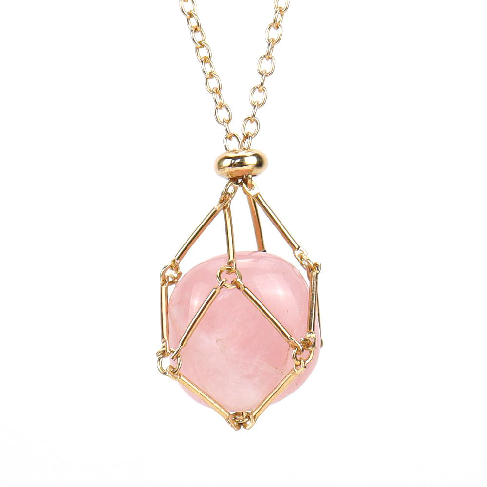 Crystal Tumbled Stones Golden Net Pendant Necklaces GEMROCKY-Jewelry-Rose Quartz-