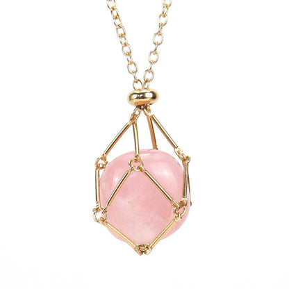 Crystal Tumbled Stones Golden Net Pendant Necklaces GEMROCKY-Jewelry-Rose Quartz-