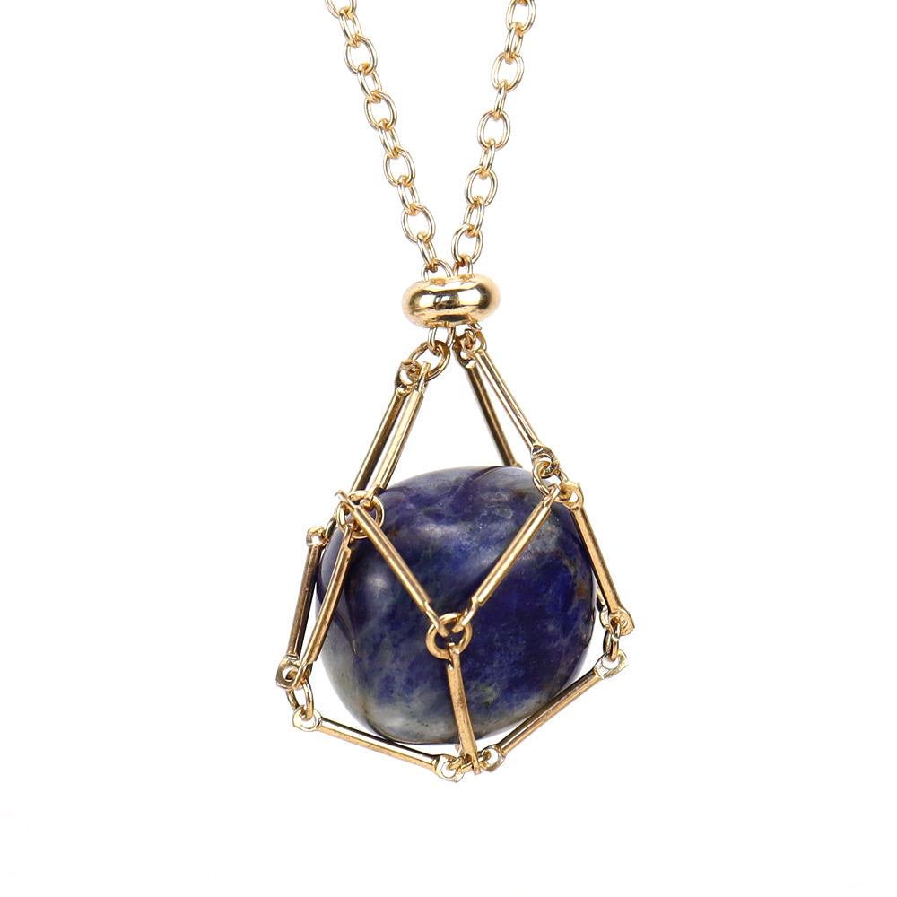 Crystal Tumbled Stones Golden Net Pendant Necklaces GEMROCKY-Jewelry-Sodalite-