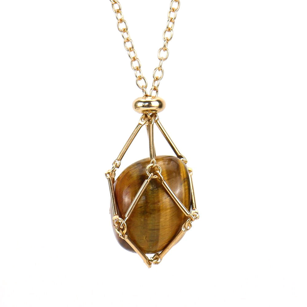 Crystal Tumbled Stones Golden Net Pendant Necklaces GEMROCKY-Jewelry-Tiger Eye Stone-