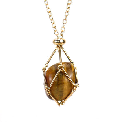 Crystal Tumbled Stones Golden Net Pendant Necklaces GEMROCKY-Jewelry-Tiger Eye Stone-