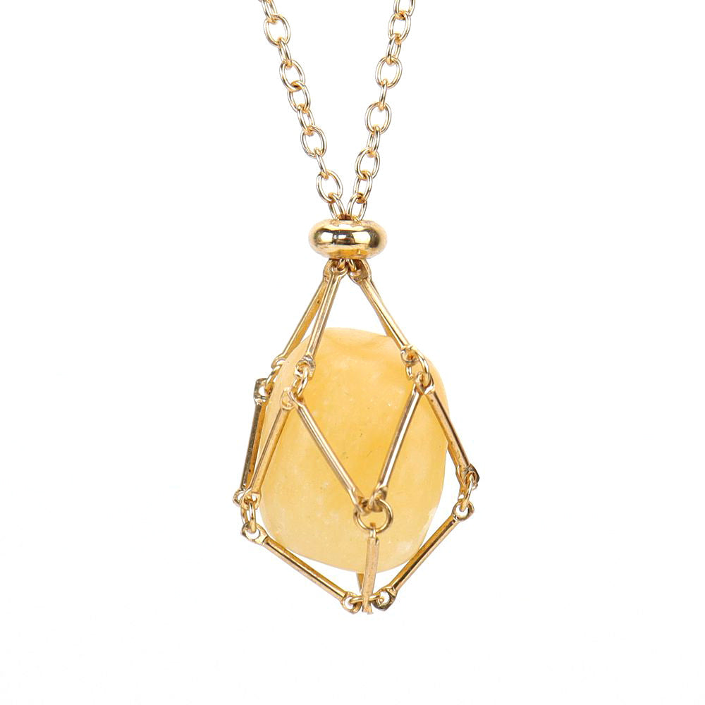 Crystal Tumbled Stones Golden Net Pendant Necklaces GEMROCKY-Jewelry-Yellow Jade-