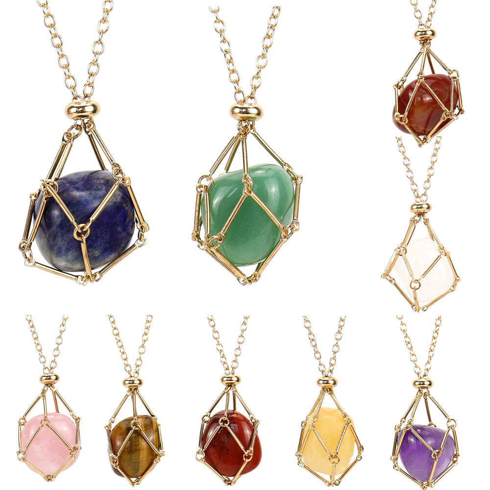 Crystal Tumbled Stones Golden Net Pendant Necklaces GEMROCKY-Jewelry-