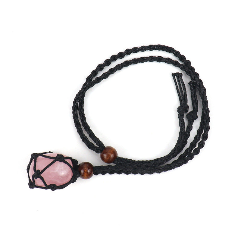 Crystal Tumbled Stones Woven Mesh Pendant Necklaces GEMROCKY-Jewelry-Rose Quartz-