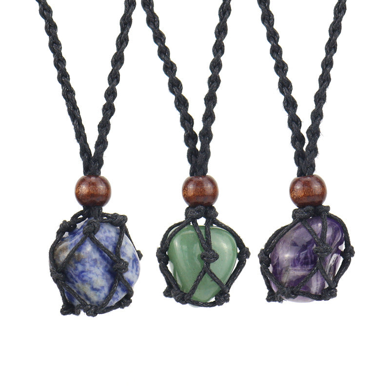 Crystal Tumbled Stones Woven Mesh Pendant Necklaces GEMROCKY-Jewelry-