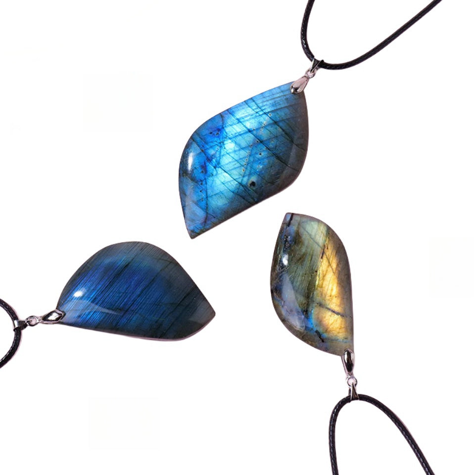 Flashy Labradorite Leaf Pendant Necklaces GEMROCKY-Jewelry-