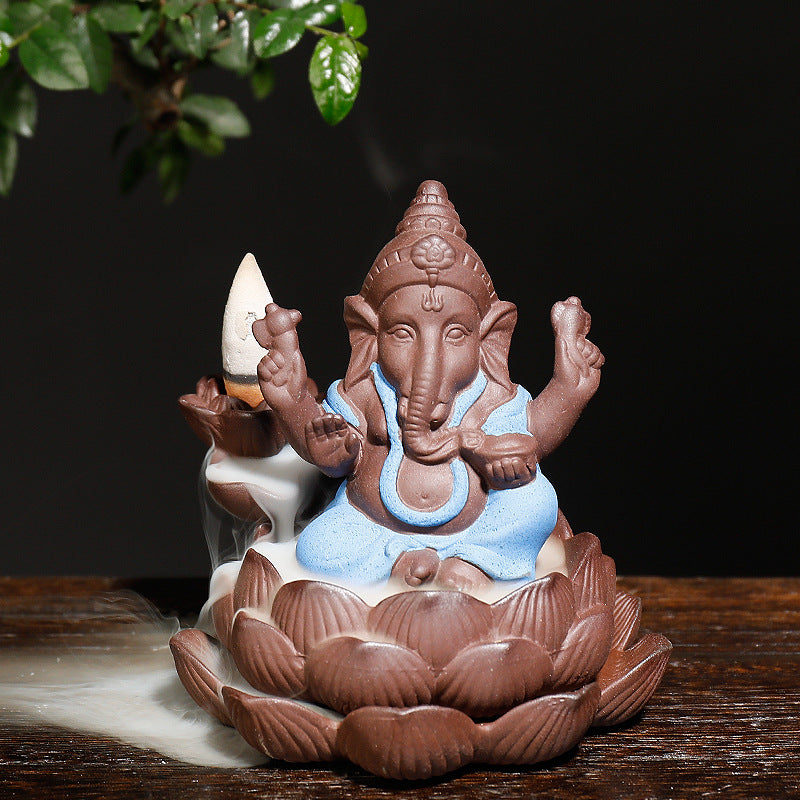 Ganesha Indian Ele God on Lotus Backflow Incense Burner Home Decor Ornaments GEMROCKY-Psychic-Blue-