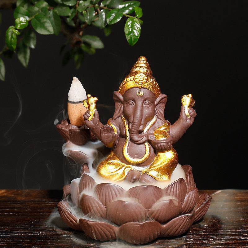 Ganesha Indian Ele God on Lotus Backflow Incense Burner Home Decor Ornaments GEMROCKY-Psychic-Golden-