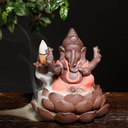 Ganesha Indian Ele God on Lotus Backflow Incense Burner Home Decor Ornaments GEMROCKY-Psychic-Red-