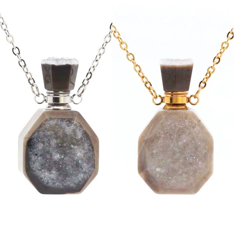 Gary Agate Geode Crystal Perfume Bottle Pendant Necklaces GEMROCKY-Jewelry-