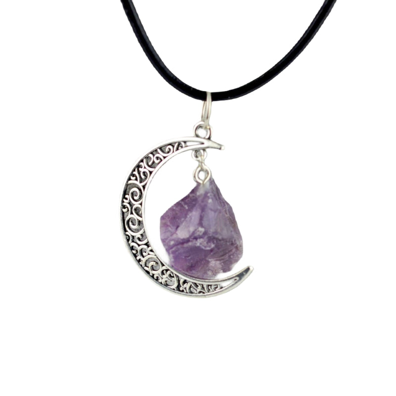 Gothic Rough Crystal Antique Moon Pendant Necklaces GEMROCKY-Jewelry-Amethyst Silver Color-