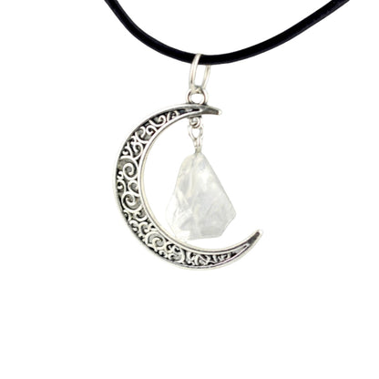 Gothic Rough Crystal Antique Moon Pendant Necklaces GEMROCKY-Jewelry-Clear Quartz Silver Color-