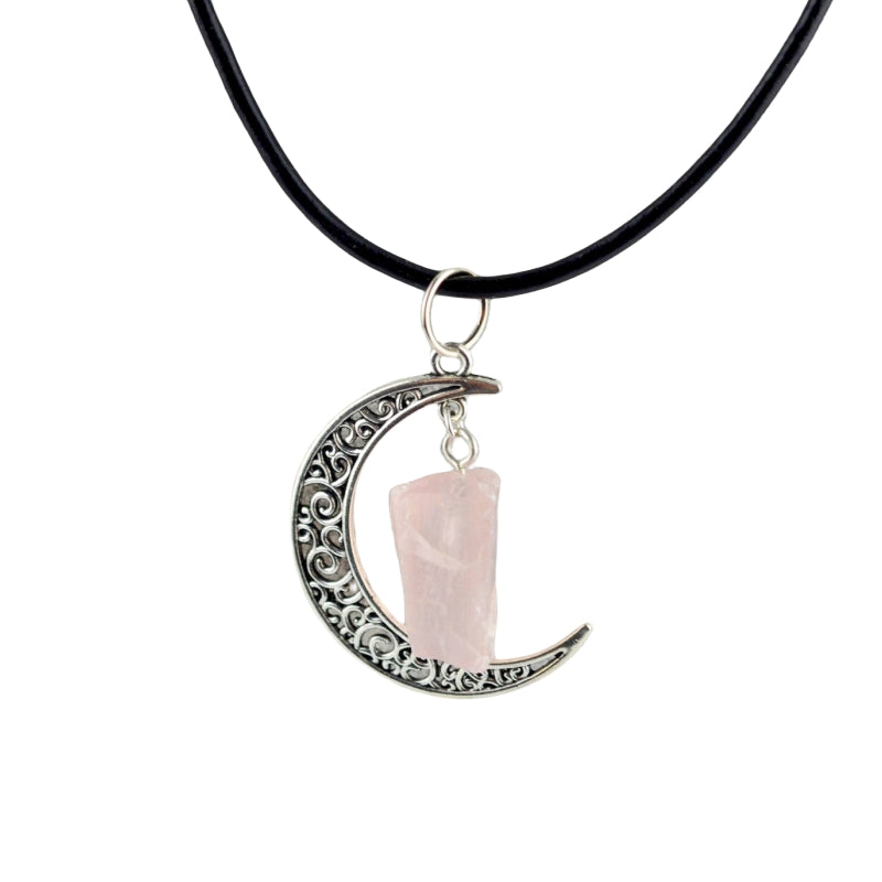 Gothic Rough Crystal Antique Moon Pendant Necklaces GEMROCKY-Jewelry-Rose Quartz Silver Color-