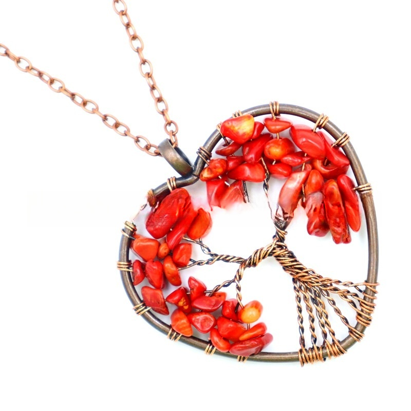 Heart Crystal Life Tree Pendant Necklaces GEMROCKY-Jewelry-Red Jasper Heart-