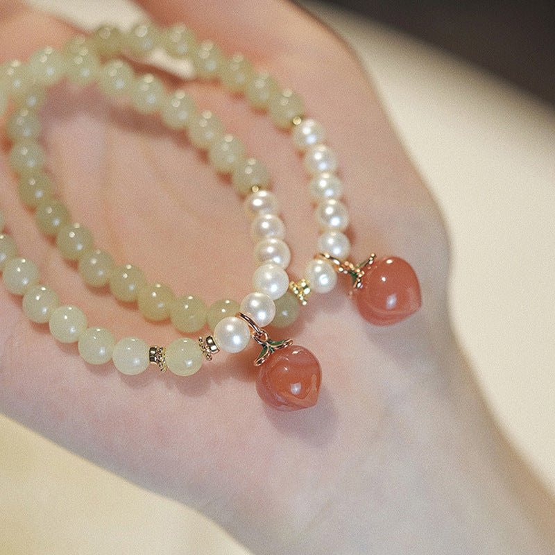 Hetian Jade Real Pearls Peach Drop 6mm Bead Bracelets GEMROCKY-Bracelets-