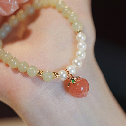 Hetian Jade Real Pearls Peach Drop 6mm Bead Bracelets GEMROCKY-Bracelets-