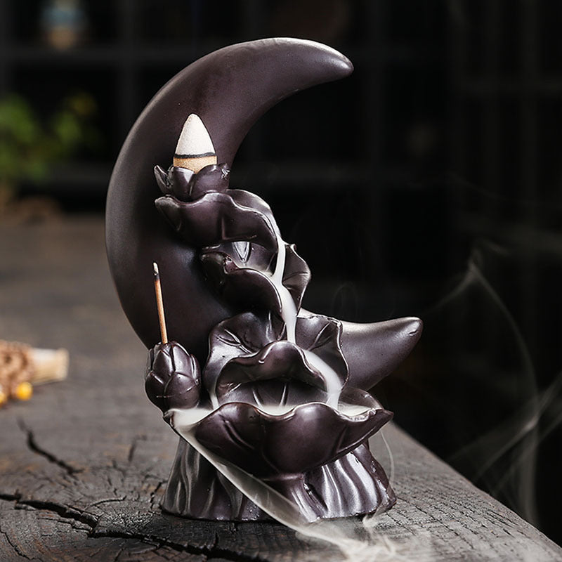 Moon Lotus Backflow Incense Burner Home Decor Ornaments GEMROCKY-Psychic-Black-