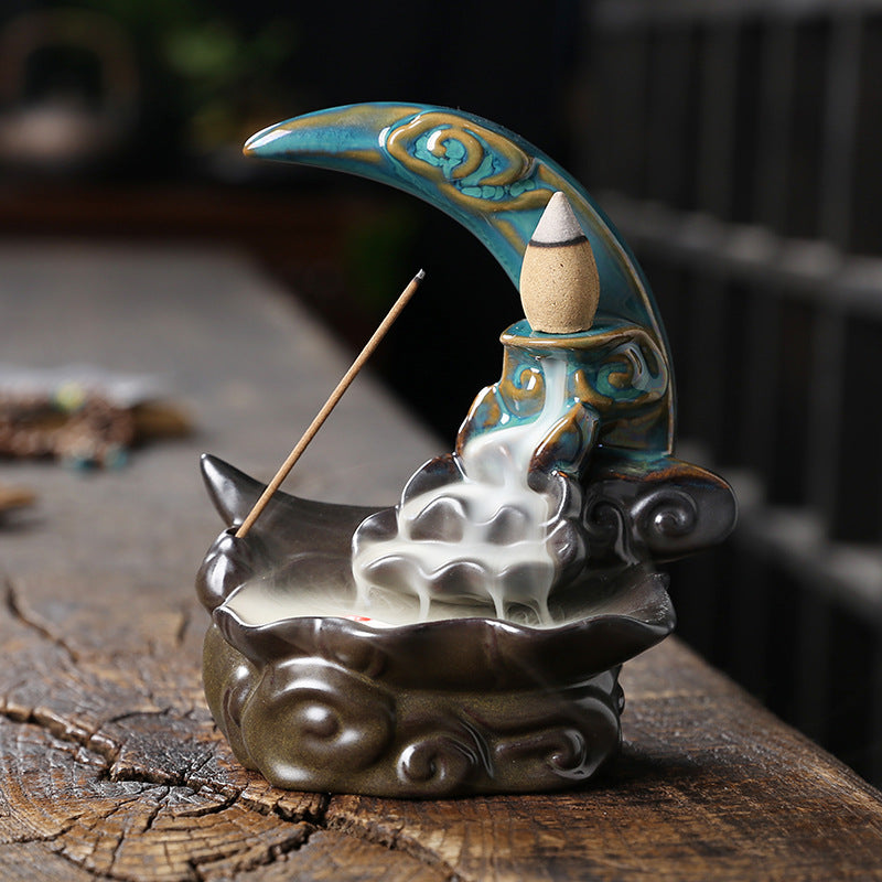 Moon Lotus Backflow Incense Burner Home Decor Ornaments GEMROCKY-Psychic-Blue-