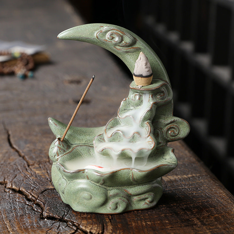 Moon Lotus Backflow Incense Burner Home Decor Ornaments GEMROCKY-Psychic-Green-