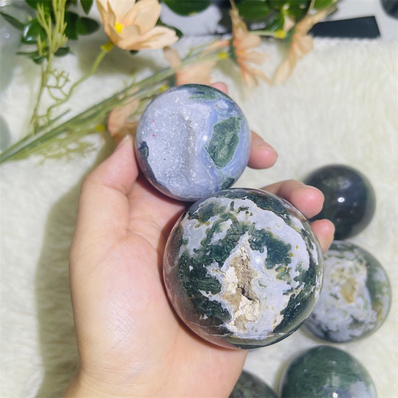 Moss Agate Geode Spheres GEMROCKY-Spheres-