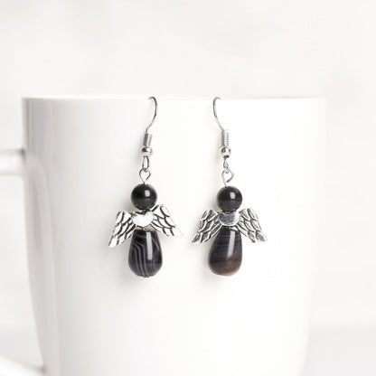 Natural Crystal Angel Eardrop Earrings GEMROCKY-Jewelry-Black Obsidian-