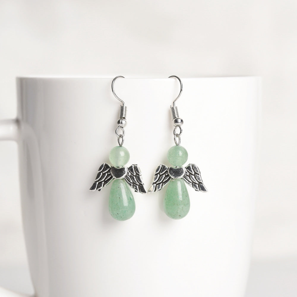 Natural Crystal Angel Eardrop Earrings GEMROCKY-Jewelry-Green Aventurine-