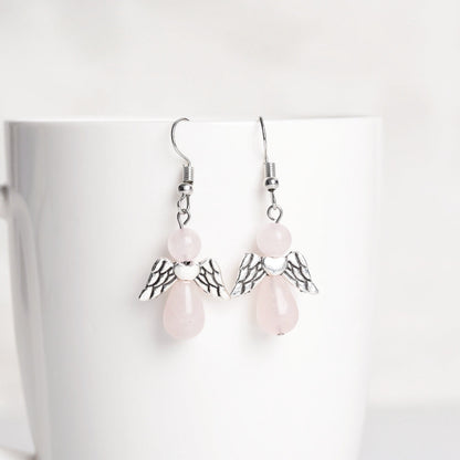 Natural Crystal Angel Eardrop Earrings GEMROCKY-Jewelry-Rose Quartz-