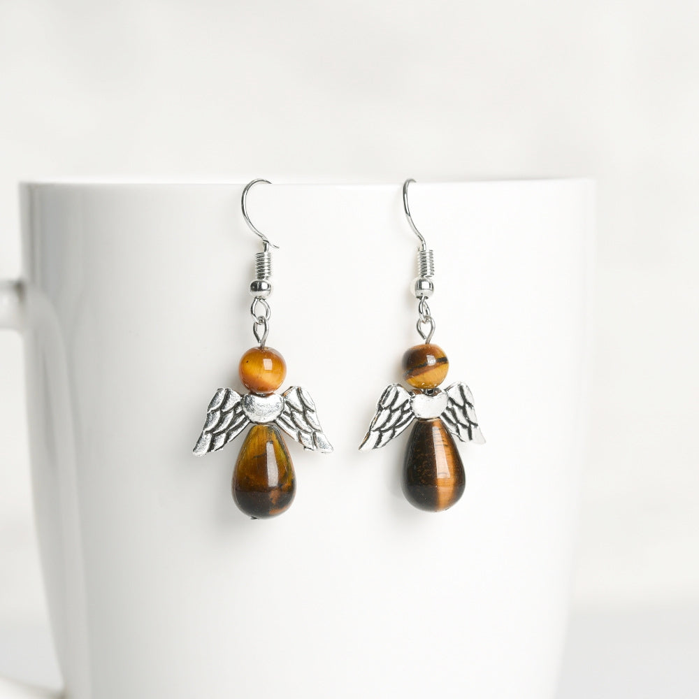 Natural Crystal Angel Eardrop Earrings GEMROCKY-Jewelry-Tiger Eye Stone-