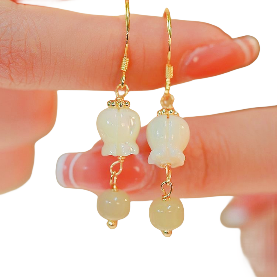 Orchid Flower Hetian Jade Ethnic Style Eardrop Earrings GEMROCKY-Jewelry-